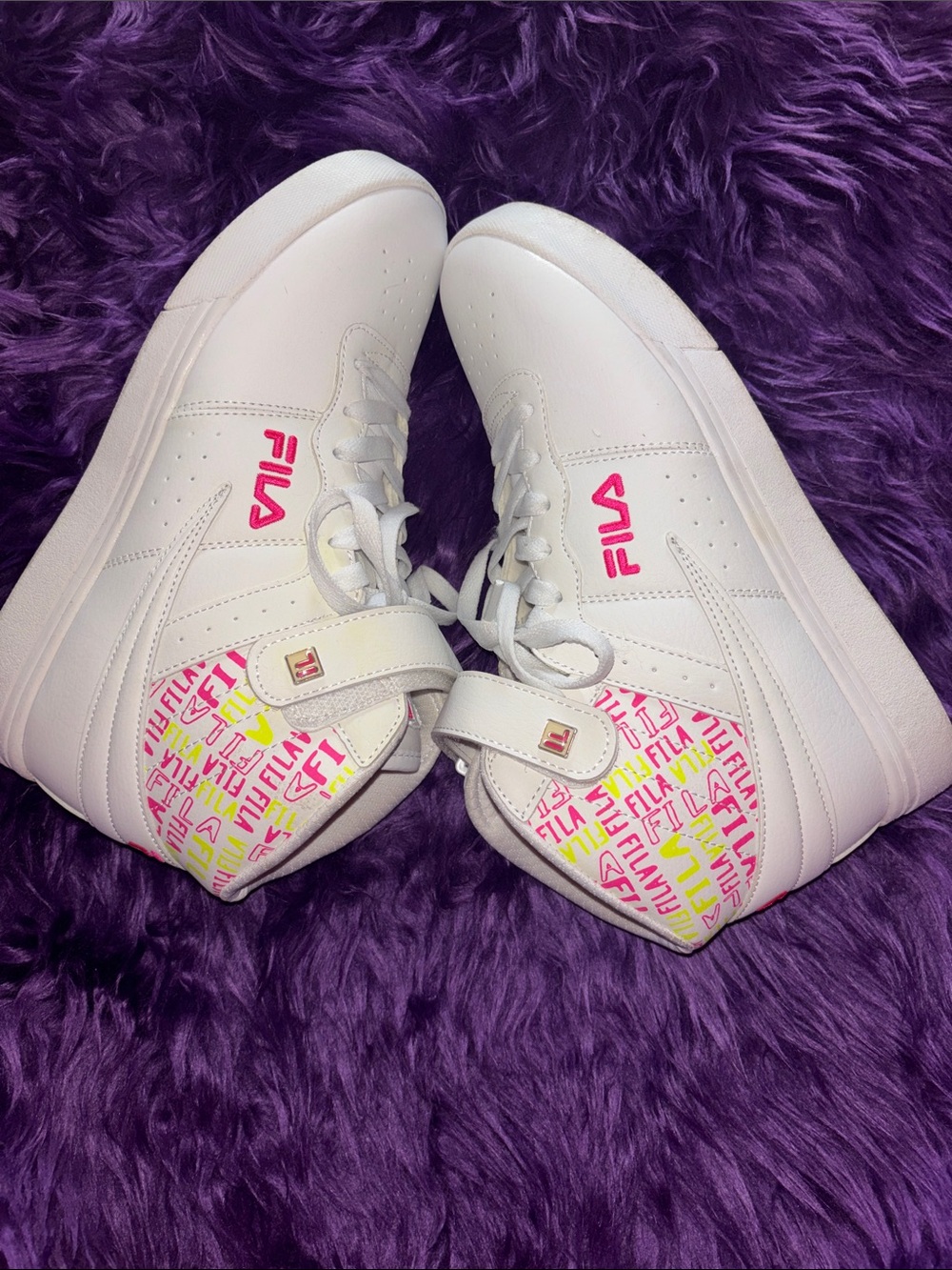 Fila White High-Top Sneakers with Pink & Neon Accents